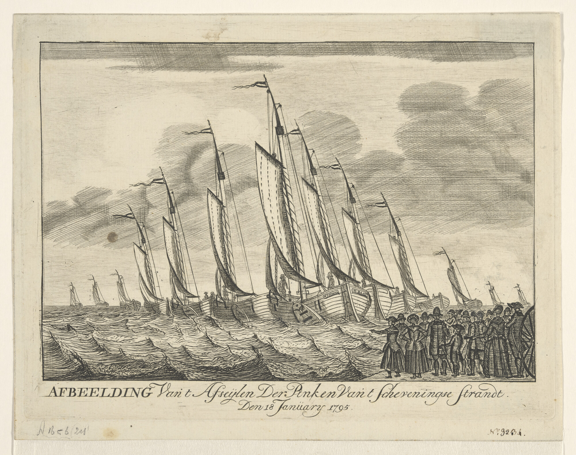 A.1656(24); 'Afbeelding Van 't Afseijlen Der Pinken Vant Scheveningse Strandt.' Vertrek van stadhouder Willem V van Scheveningen naar Engeland; prent