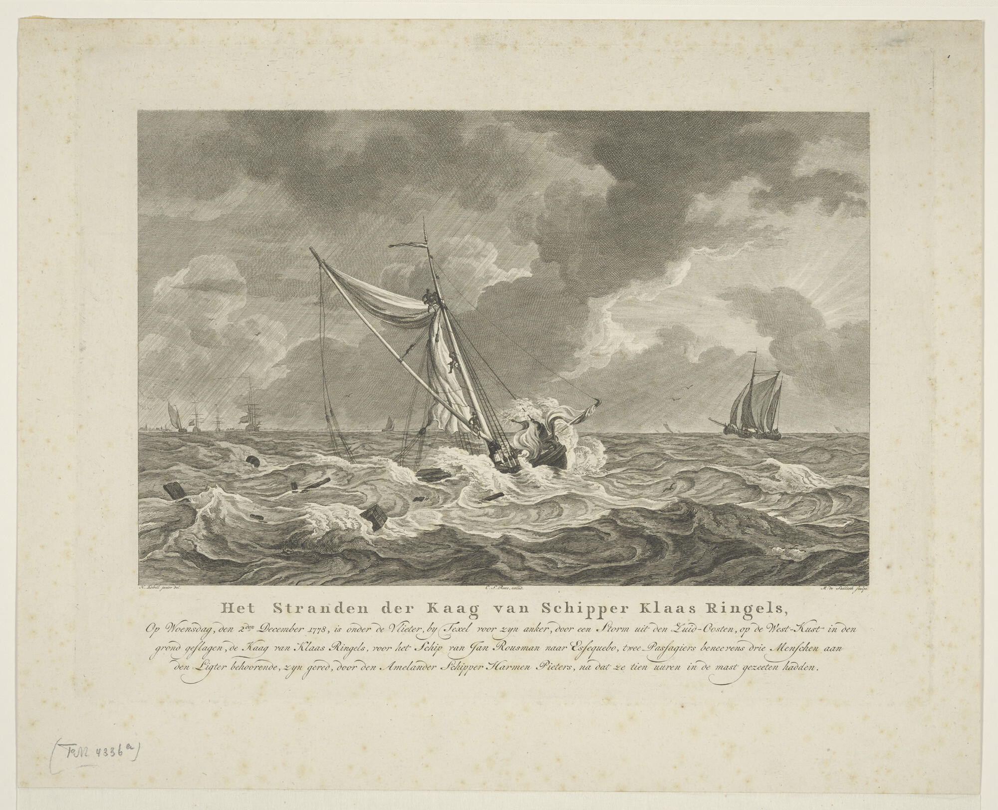 A.1656(19); Het stranden van de kaag van schipper Klaas Ringels bij Texel; prent