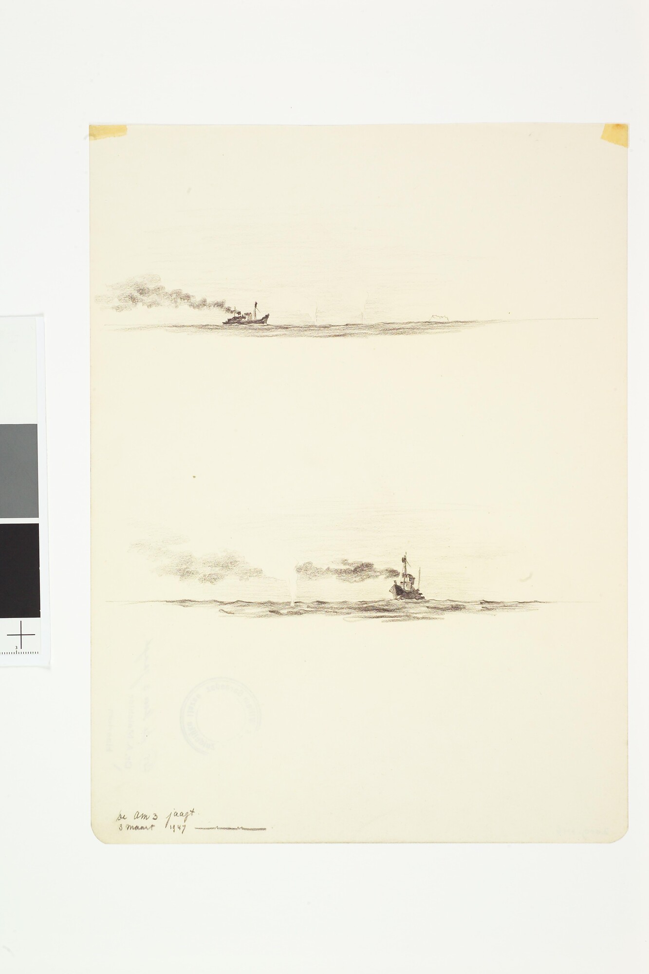 2009.1116; Tekening met twee schetsen van walvisjager A.M.3 op jacht, gemaakt tijdens de reis van de Willem Barendsz I naar het Zuidpoolgebied; tekening