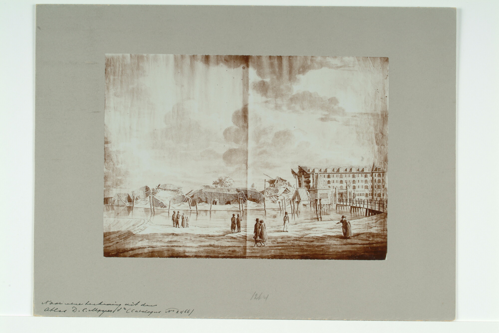 A.0482(12)13; Reproductiefoto van een tekening van de ruïne van het voormalige VOC-magazijn te Amsterdam, na de instorting van het gebouw in 1822; foto