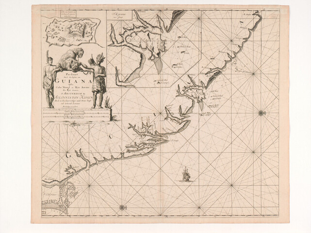 A.0145(212)21; Paskaart van de kust van Guiana tussen Kaap Noord en Rio Amano, door Claas Jansz. Vooght; zeekaart