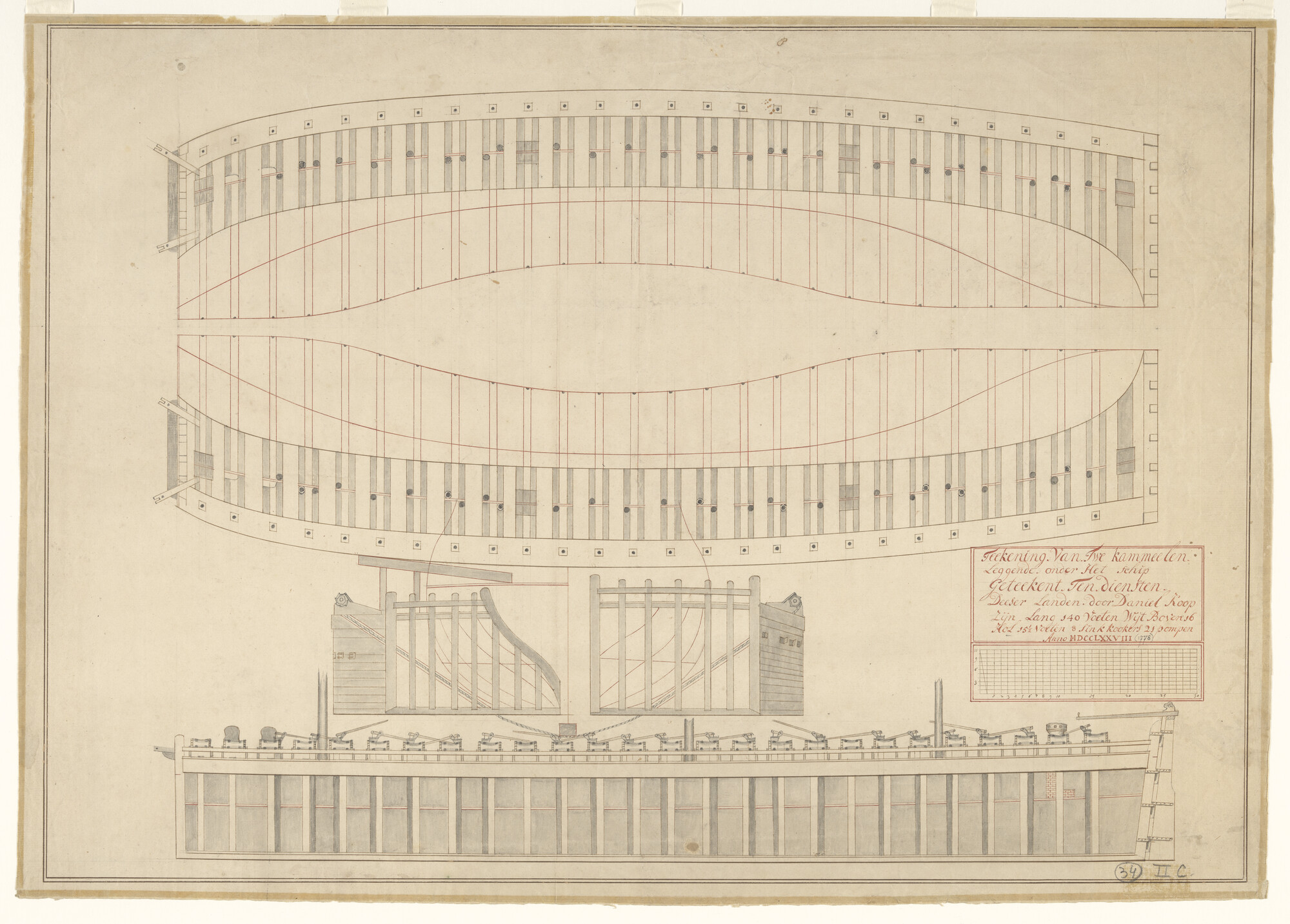A.0149(0925); Constructietekening van een scheepskameel; technische tekening