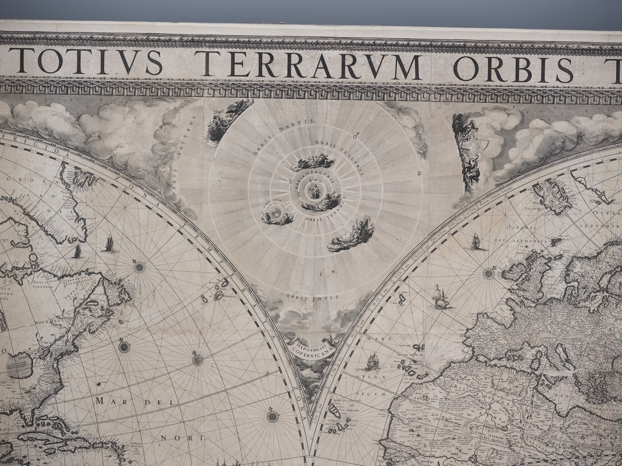 S.0864; Wandkaart van de wereld door Joan Blaeu uitgegeven ter gelegenheid van de Vrede van Münster, 1648; wandkaart