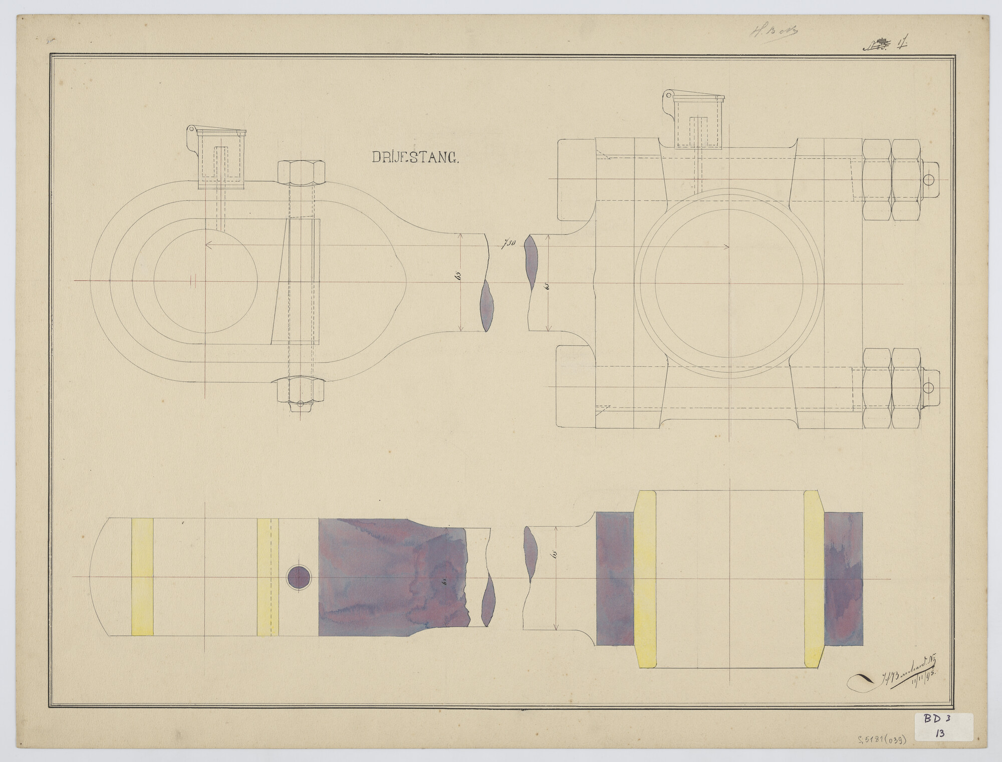S.5181(039); Inleiding in de eerste beginselen rechtlijnig, bouwkunstig- en werktuigbouwkunstig tekenen: drijfstang; technische tekening