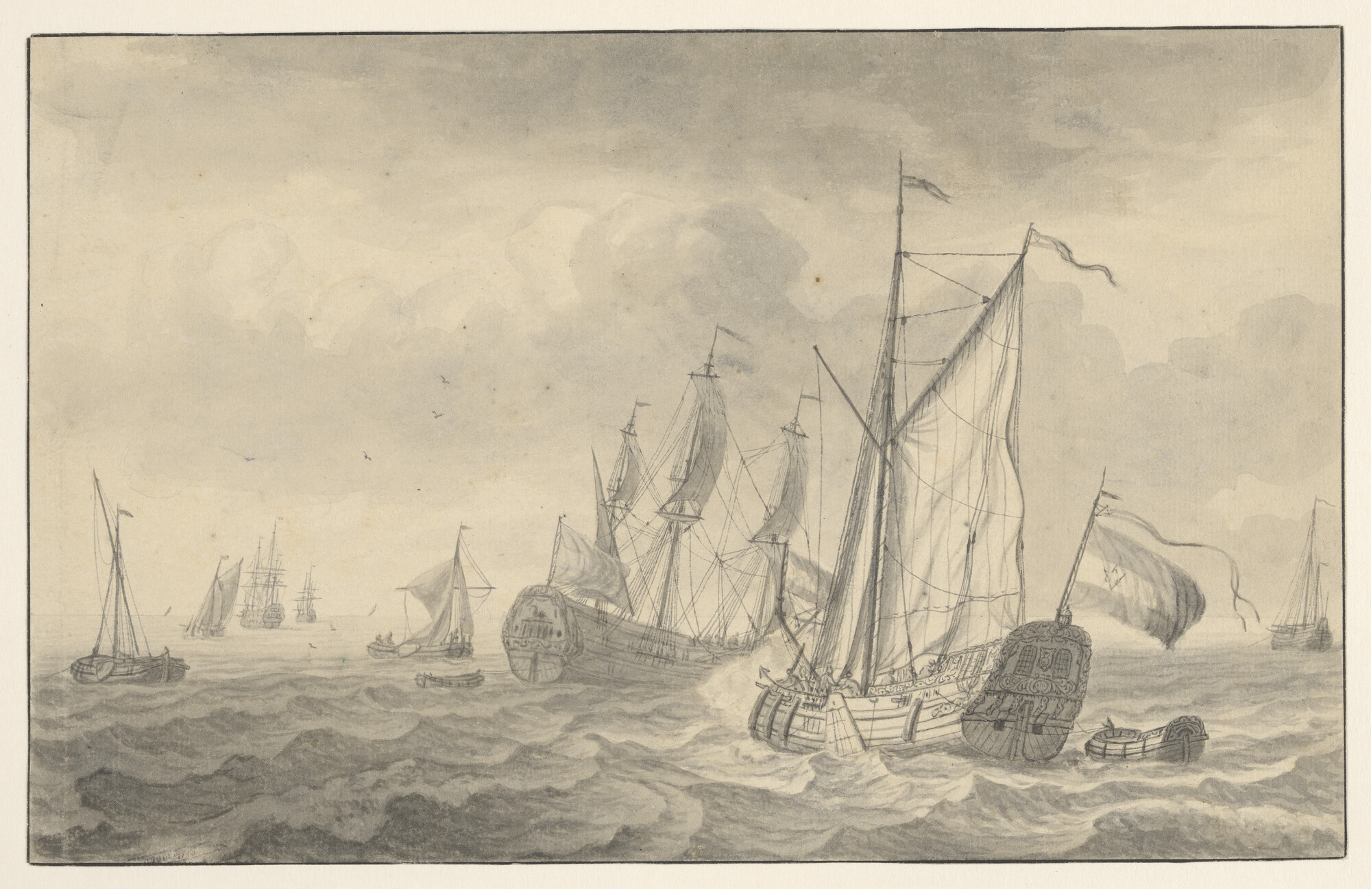 A.1398(03); Een spiegelpaviljoenjacht van de kamer Amsterdam gaat overstag; tekening