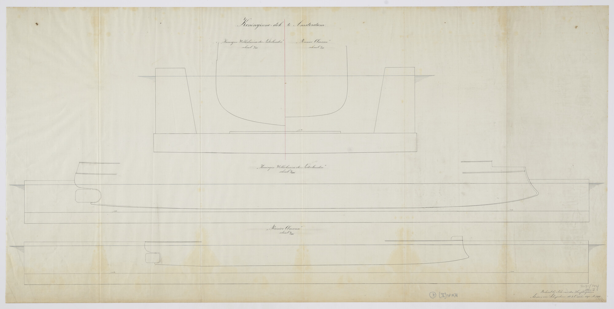 S.2175(5414); Doorsneden van het Koninginnedok van de ADM te Amsterdam met Hr.Ms. 'Koningin Wilhelmina der Nederlanden' en Hr.Ms. 'Reinier Claeszen'; technische tekening