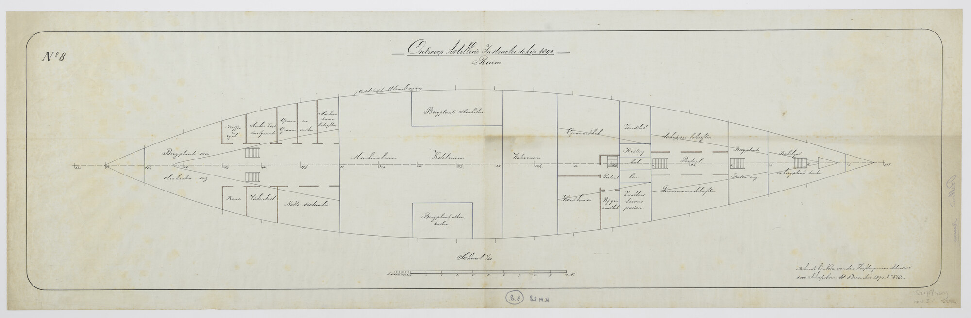 S.2175(4300); Ruim van het ontwerp artillerie instructieschip 1890 Hr.Ms. 'Bellona'; technische tekening