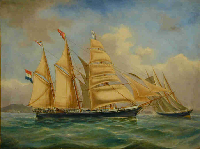 A.1825(04); Het barketijnschip Koerier van rederij H.J. Rietveld; schilderij