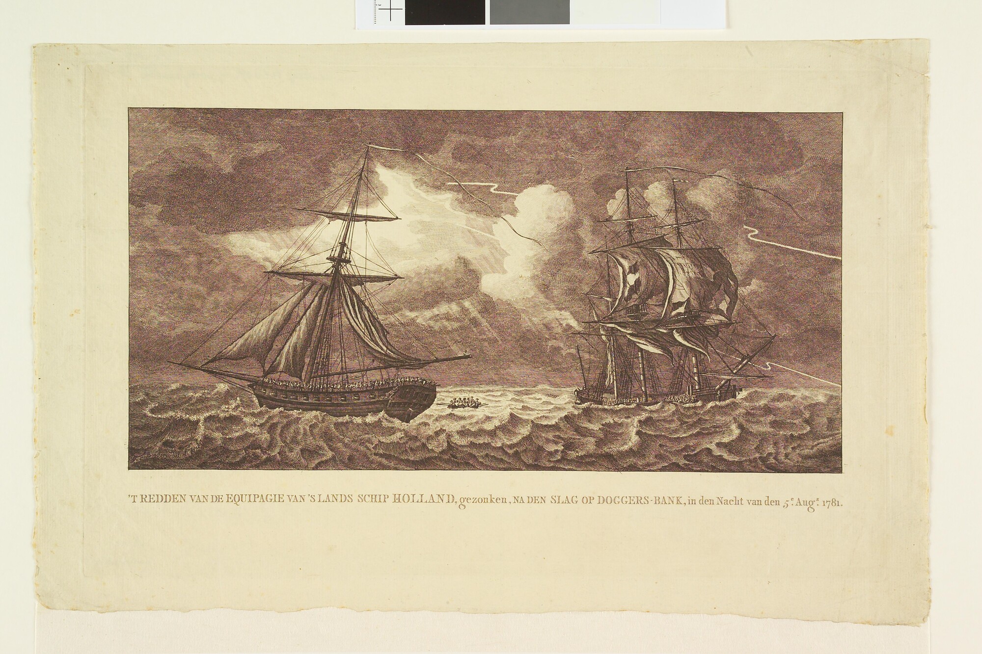 A.0149(0685); 't redden van de equipagie van 's Lands schip Holland, gezonken, na den slag op Doggers-bank, in den nacht van den 5.e aug.s 1781; prent