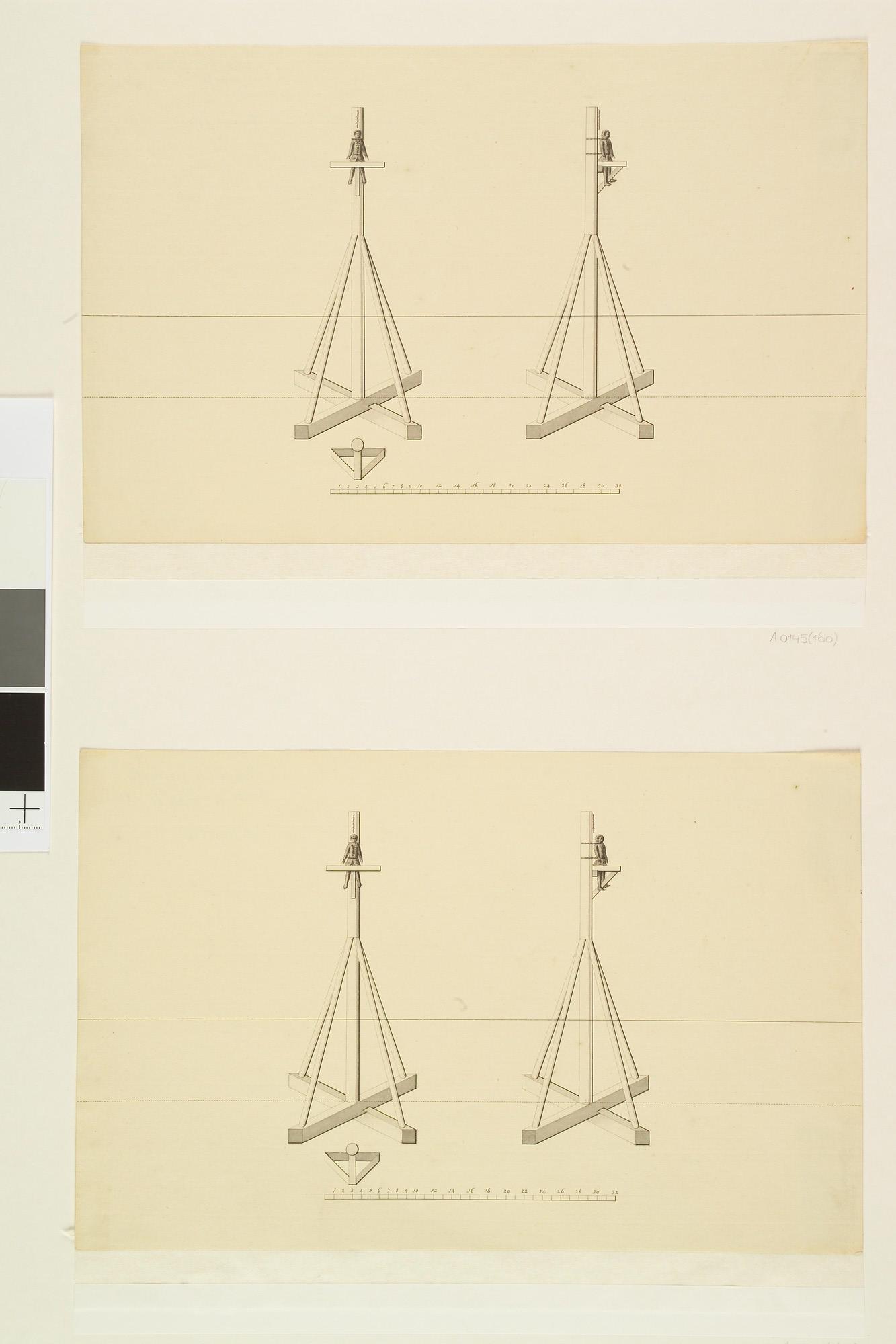 A.0145(160)7; Technische tekening van de palen of raderen waarop de muiters van de 'Nijenburg' terechtgesteld werden; tekening