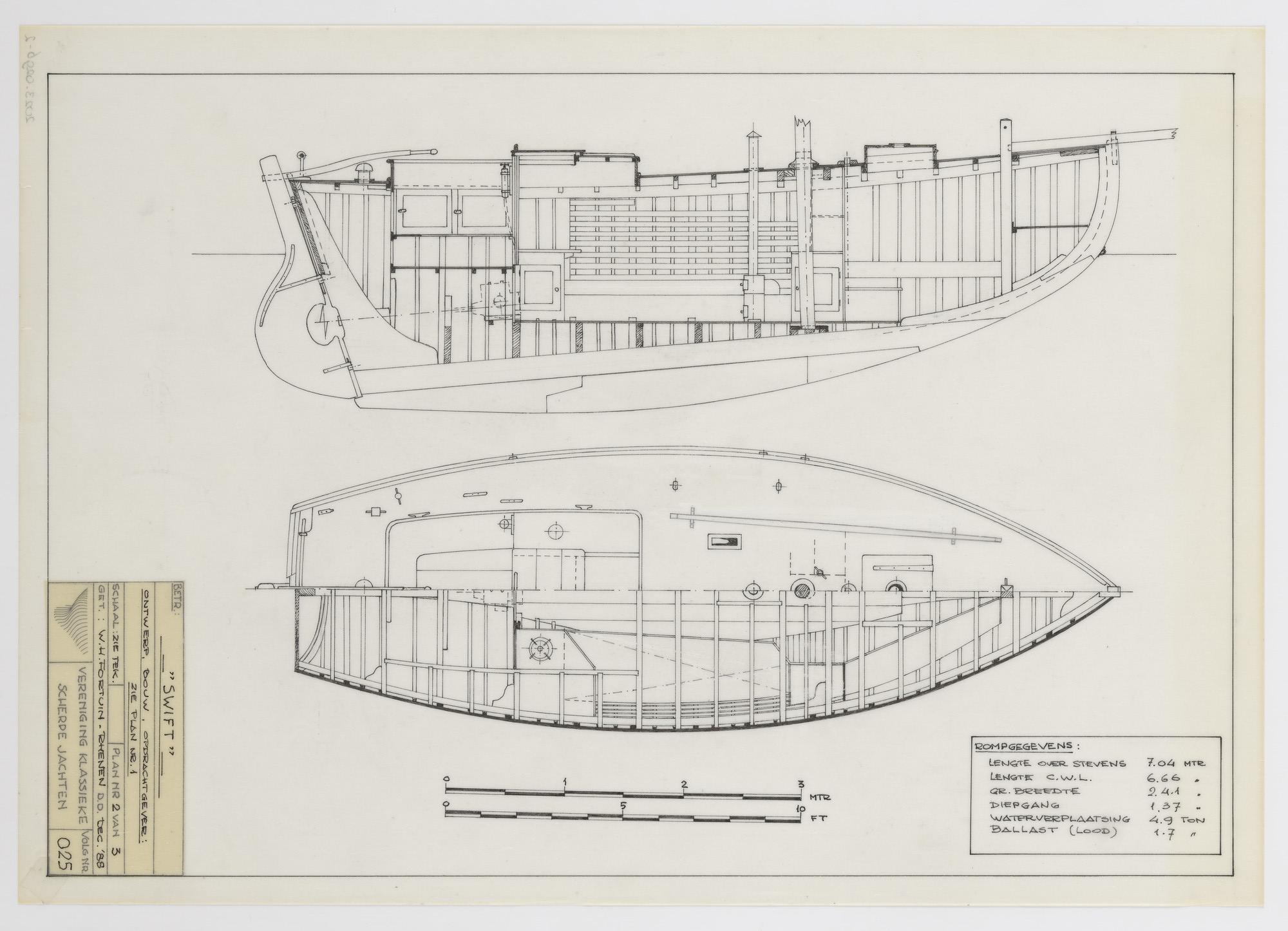 2023.0296-2; Technische tekening van het zeiljacht Swift; technische tekening