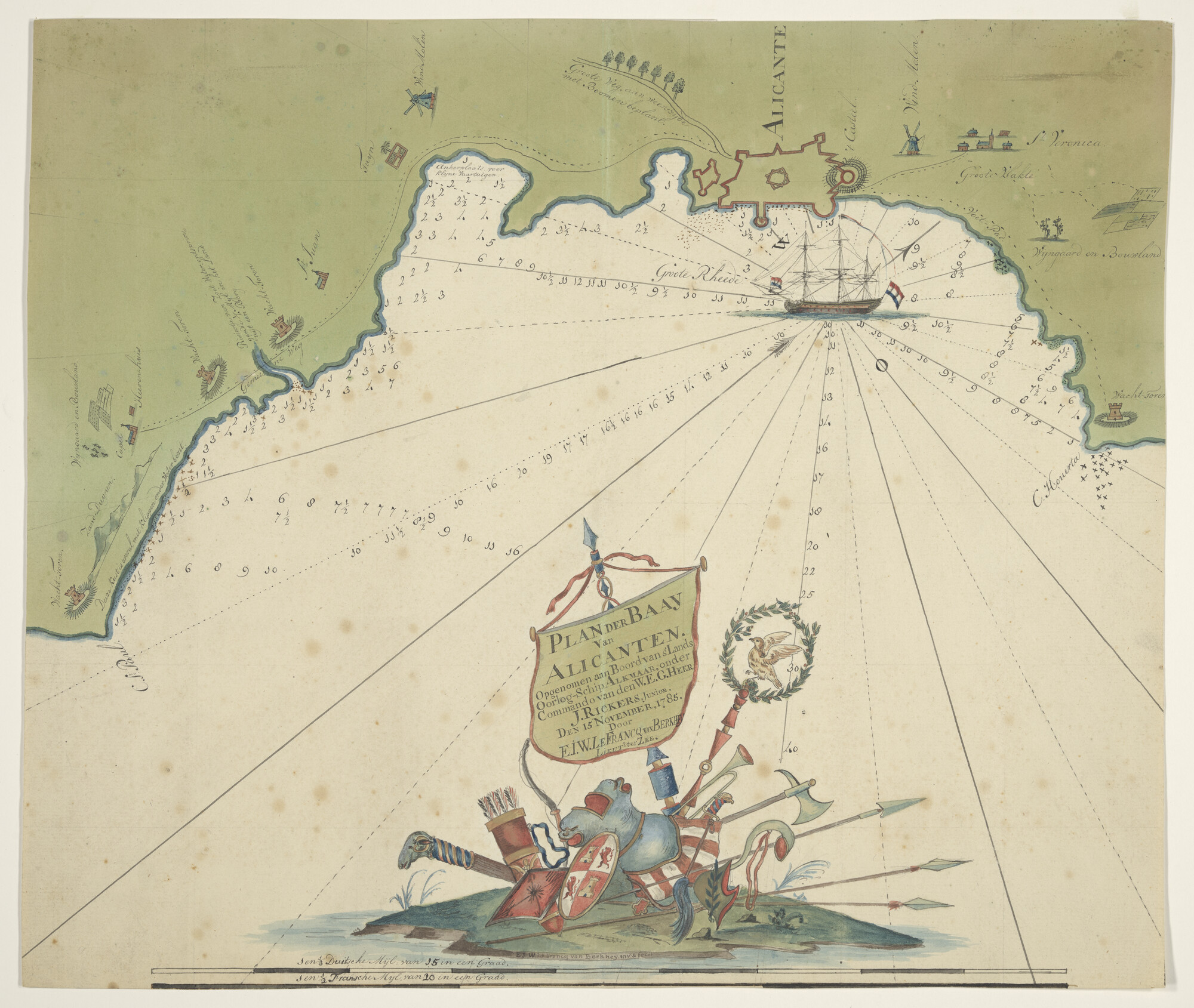 A.1744(01)b; Gekleurd plan van de baai van Alicante in Spanje; zeekaart