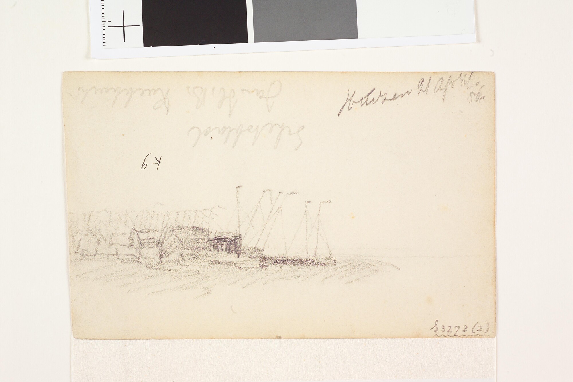 S.3272(02); Tekening van een gezicht op de haven van Huizen; tekening