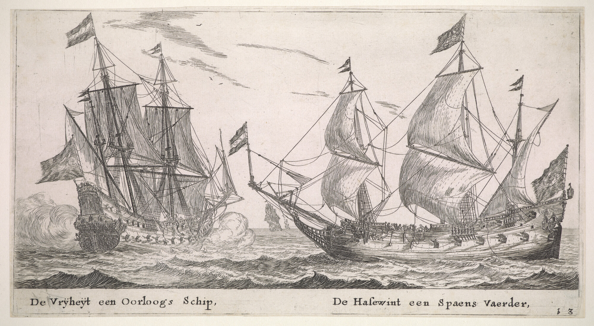 A.0149(0279); Het oorlogsschip de 'Vrijheid' en het fluitschip de 'Hazewind'; prent