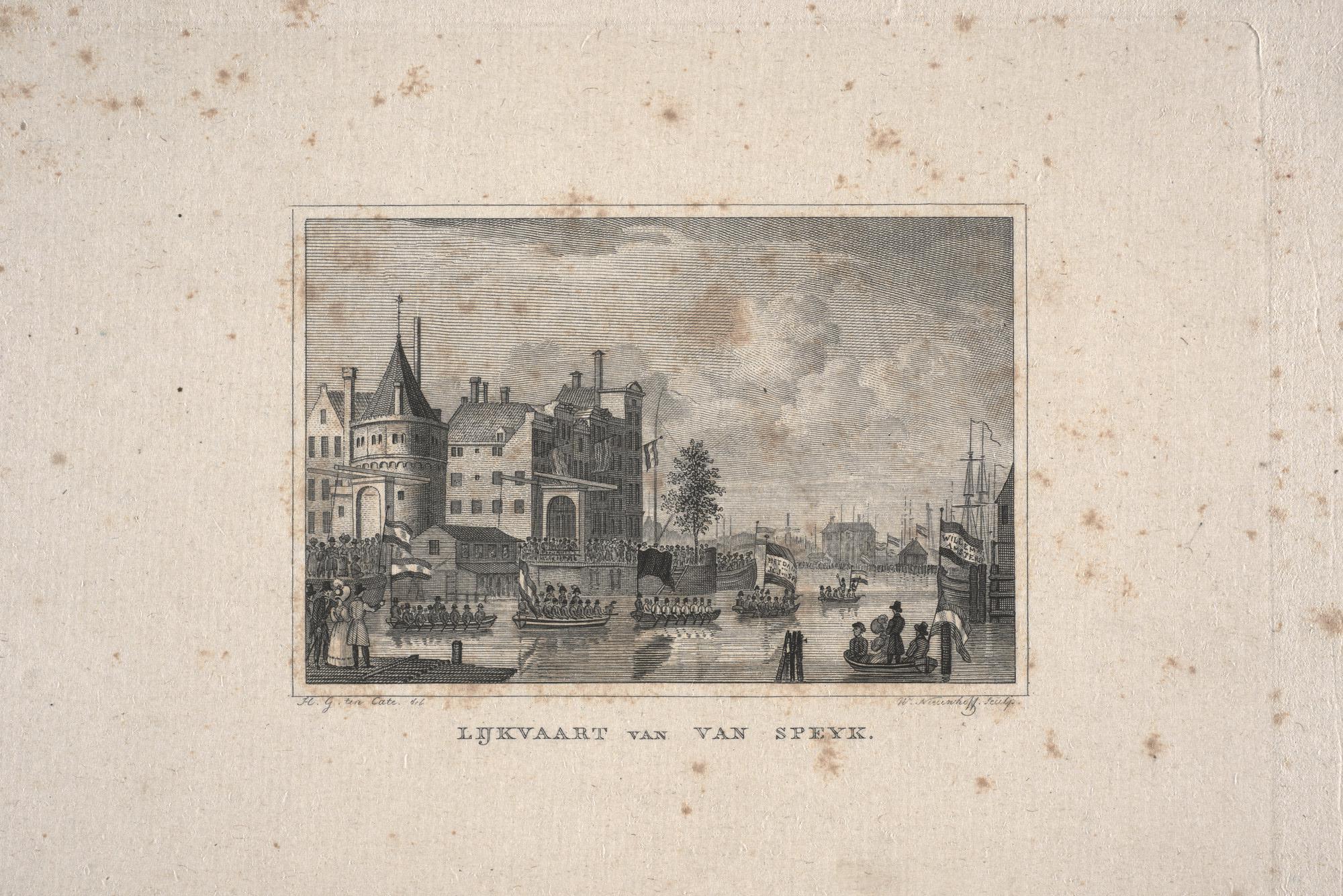A.0482(03)28; De lijkvaart van J.C. van Speyk met links de Schreierstoren; prent