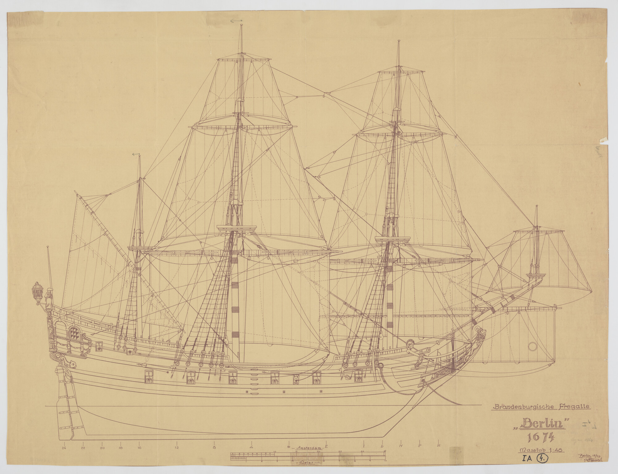 A.5335(05); Zijaanzicht van het Brandenburgse fregat 'Berlin'; technische tekening