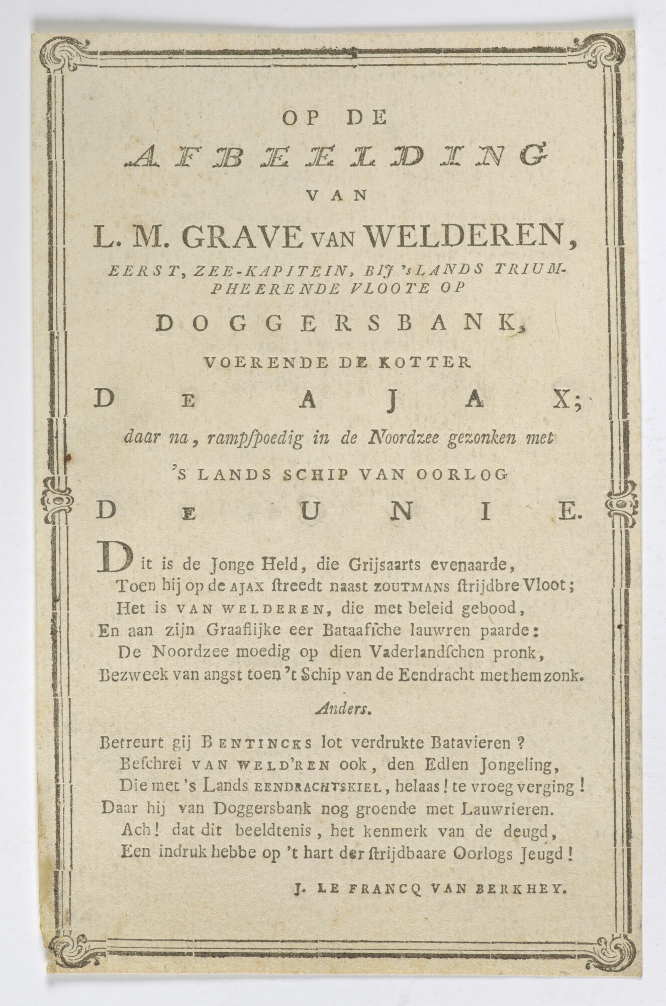 A.1367(05)81; Prent met een gedicht over L.M. Grave van Welderen, held van de Slag bij de Doggersbank; prent