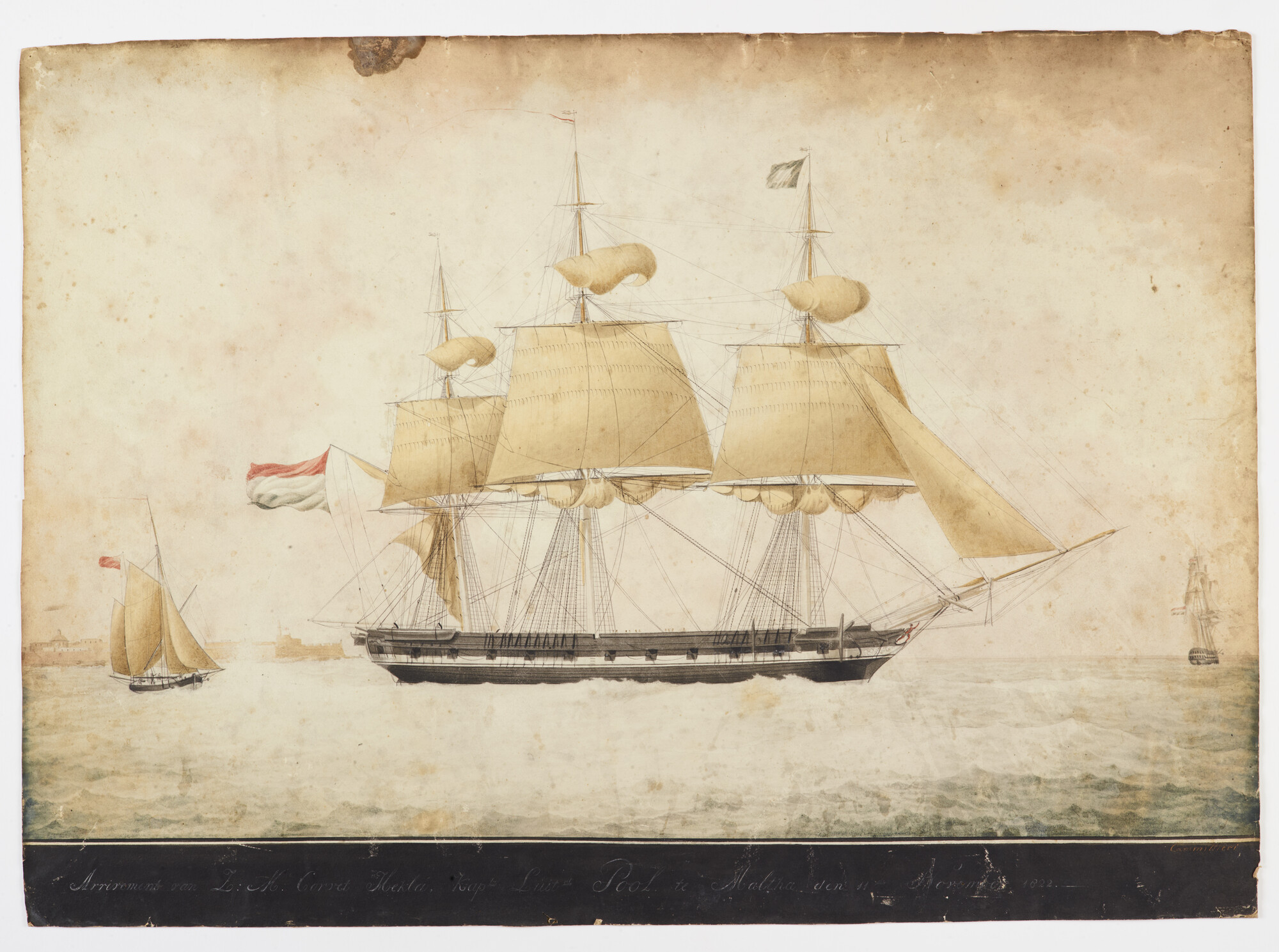 A.1733(01); Het korvet Zr.Ms. Hekla arriveert ter rede van Malta; tekening