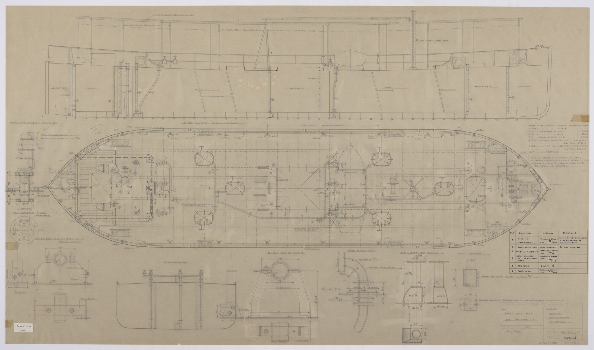 S.4765(186); Dekplan van een tanklichter; technische tekening