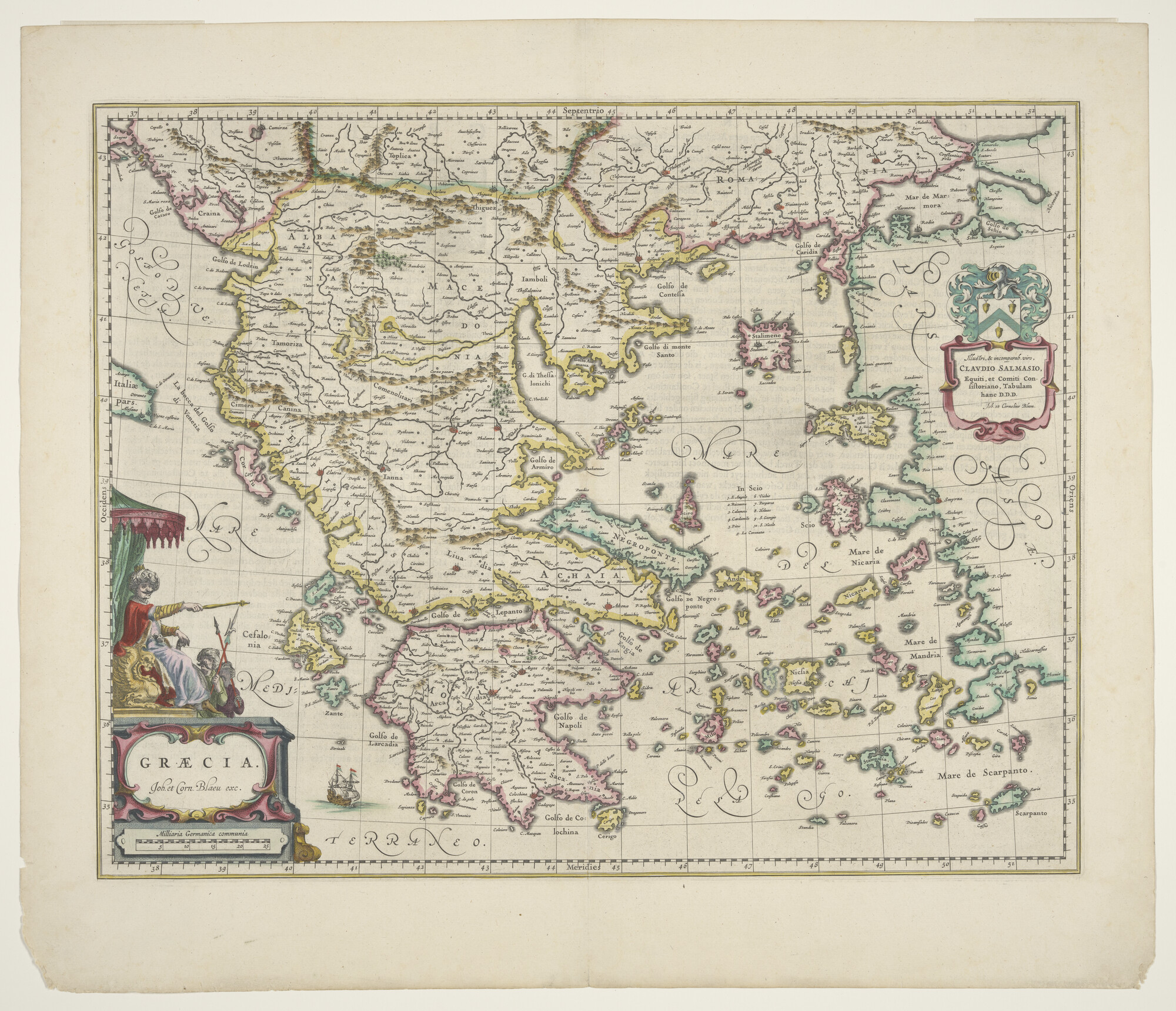 A.3845(01)037; Met de hand gekleurde kaart van Griekenland door Joan en Cornelis Blaeu met opdracht aan Claudius Salmasius; landkaart