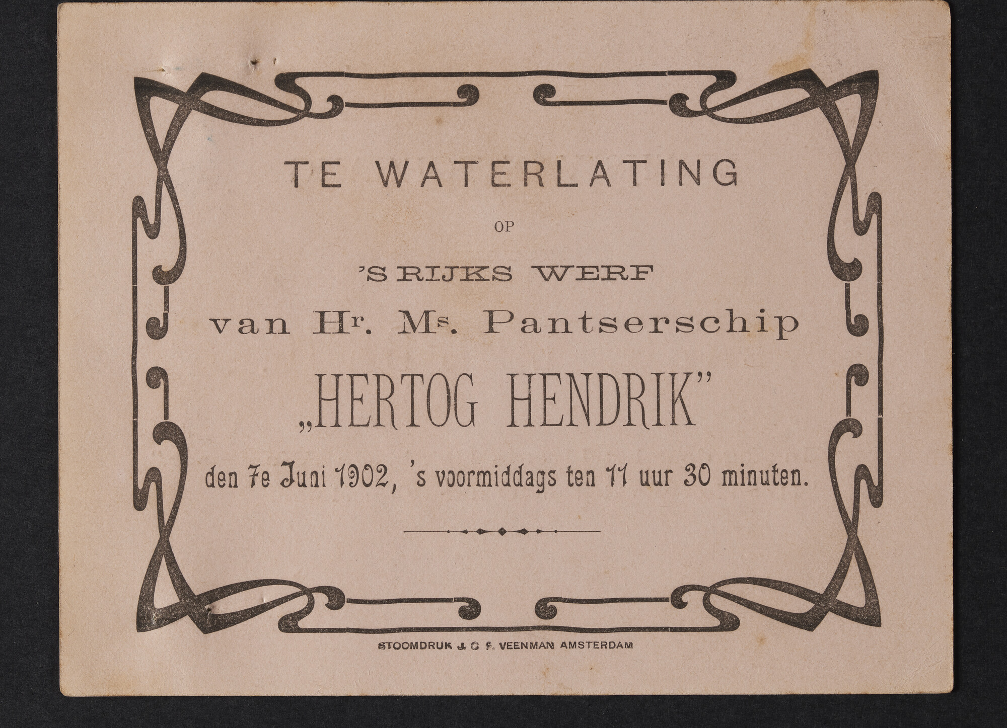 S.5232(27)6; Toegangsbewijs tot de tewaterlating van pantserschip Hr.Ms. Hertog Hendrik; toegangsbewijs