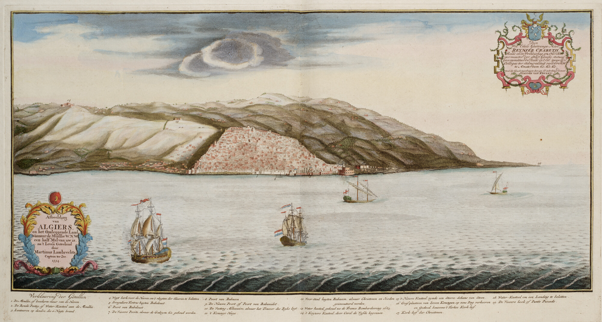 B.0032(109)2 [kaart 123]; Aanzicht van de stad en haven van Algiers en een deel van het aangrenzende; prent