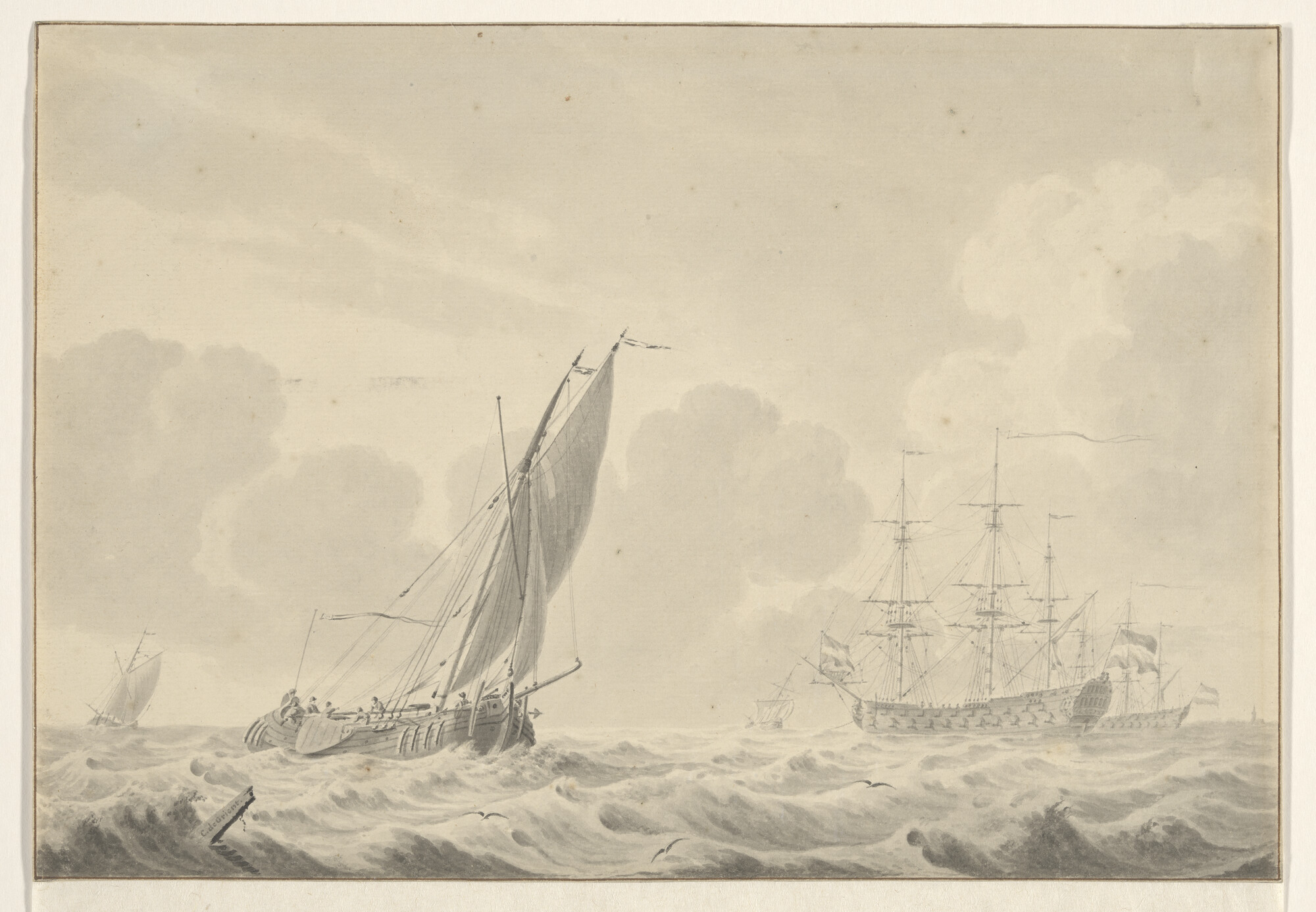 S.1119(02); Scheepvaart in ruim water met twee oorlogsschepen en een vrachtschip; tekening