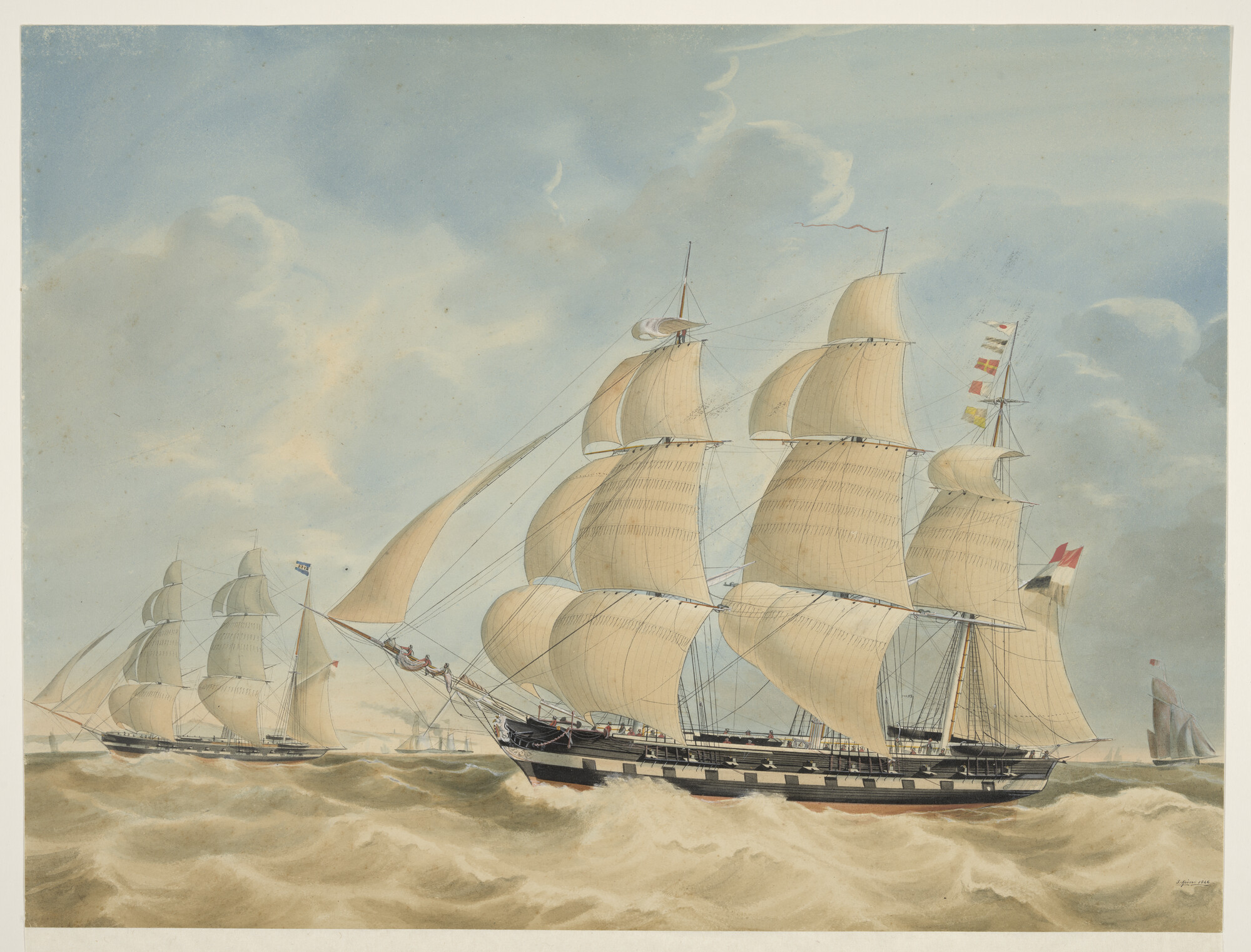 S.1119(23); Het fregatschip Doggersbank en de bark Canton; tekening