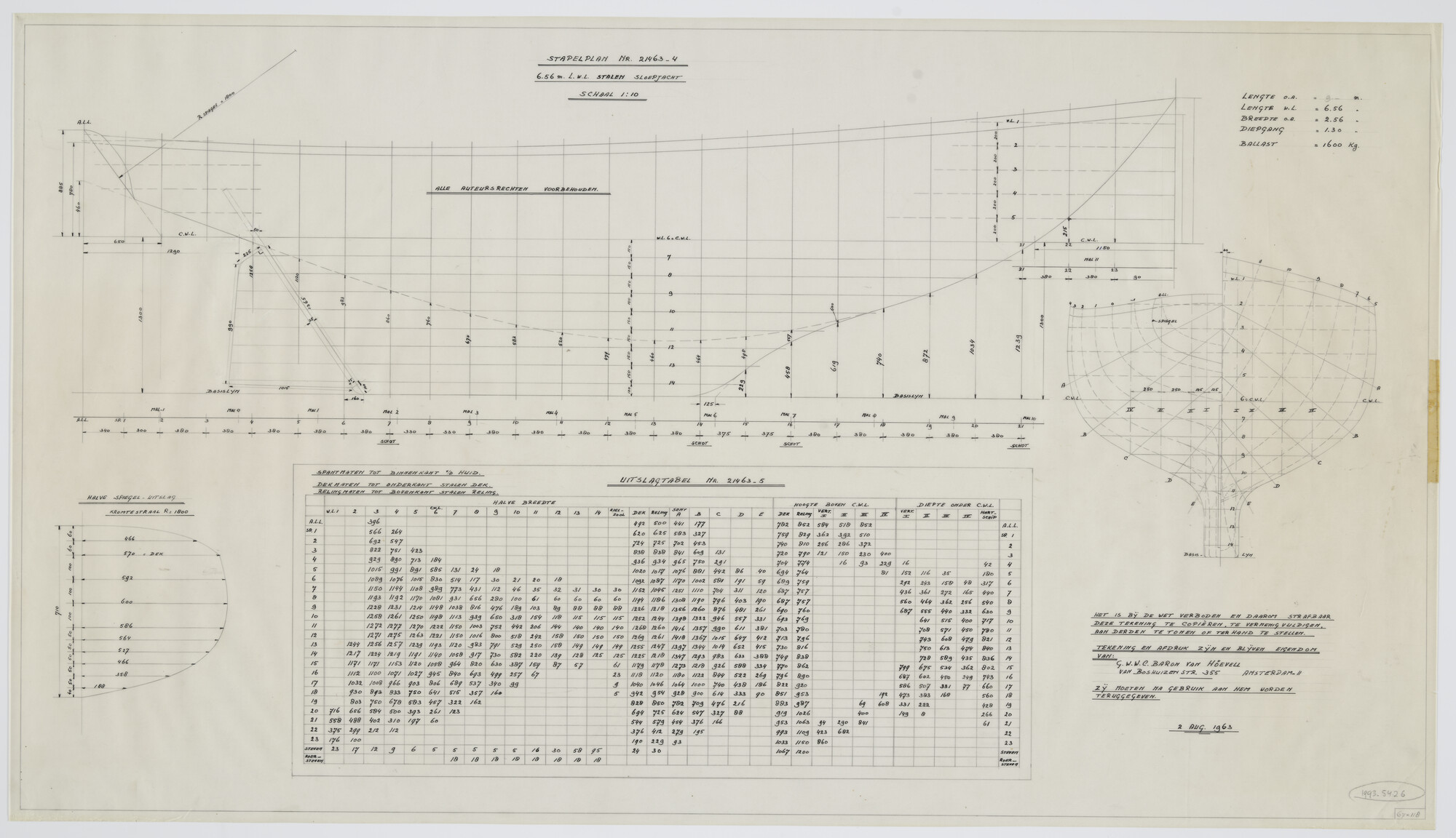 1993.5426; Stapelplan en uitslagtabel kajuitzeiljacht; technische tekening
