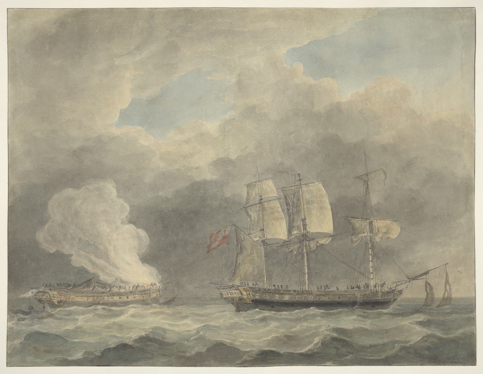 A.2905(01)b; Einde van het gevecht tussen de "Gelderland" en het Engelse fregat "Virginie" in 1808; tekening