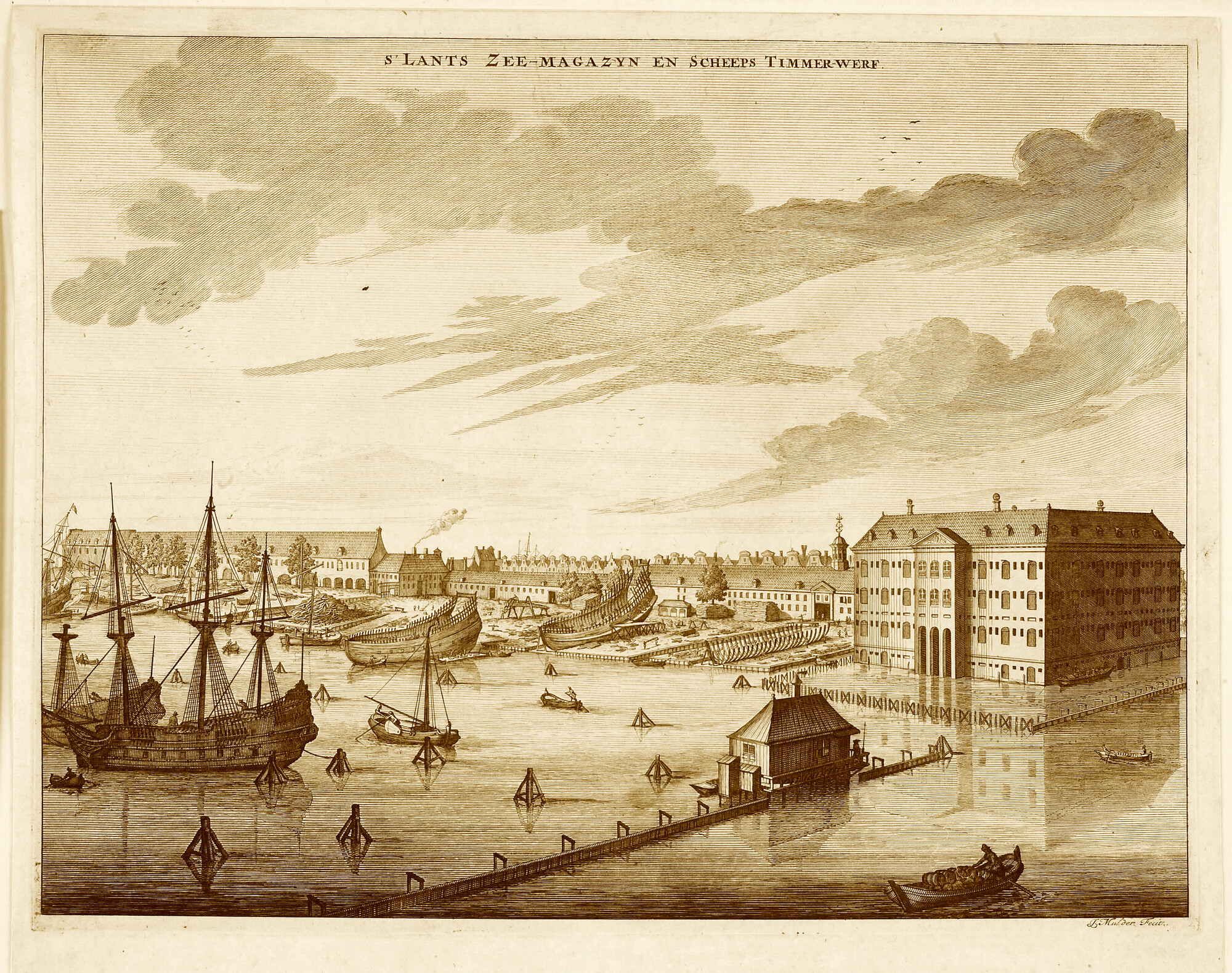 A.0149(0555); 's Lands Zeemagazijn met de timmerwerf; prent