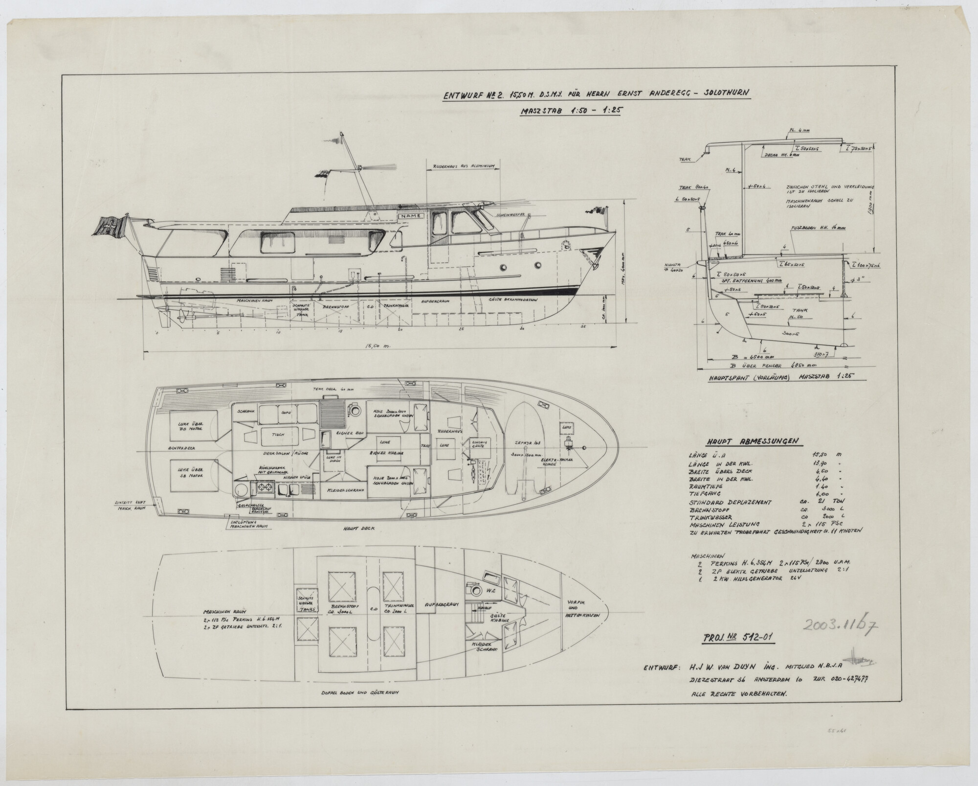 2003.1167; Ontwerp voorstel voor een 15.50 meter lang motorjacht; technische tekening