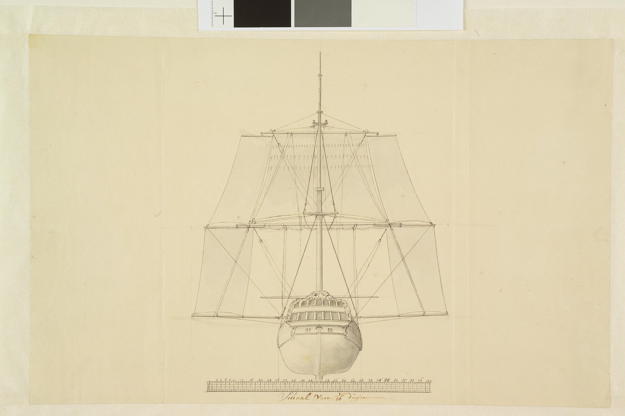 A.0145(160)3; Tuigtekening van het Oostindisch Compagnieschip 'Nijenburg'; tekening