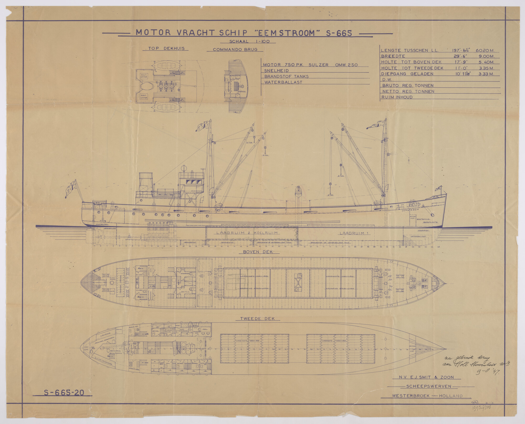 1995.7305; Algemeen plan van de coaster ms. Eemstroom van de Hollandsche Stoomboot [...]; technische tekening