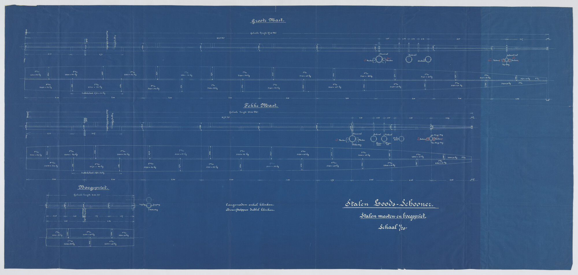 S.0687(02)010; Stalen loodsschoener 1897: zijaanzicht, bovenaanzicht, vooraanzicht, achteraanzicht, spantenraam, waterlijnen, verticalen, zijaanzicht, met zeilplan; technische tekening