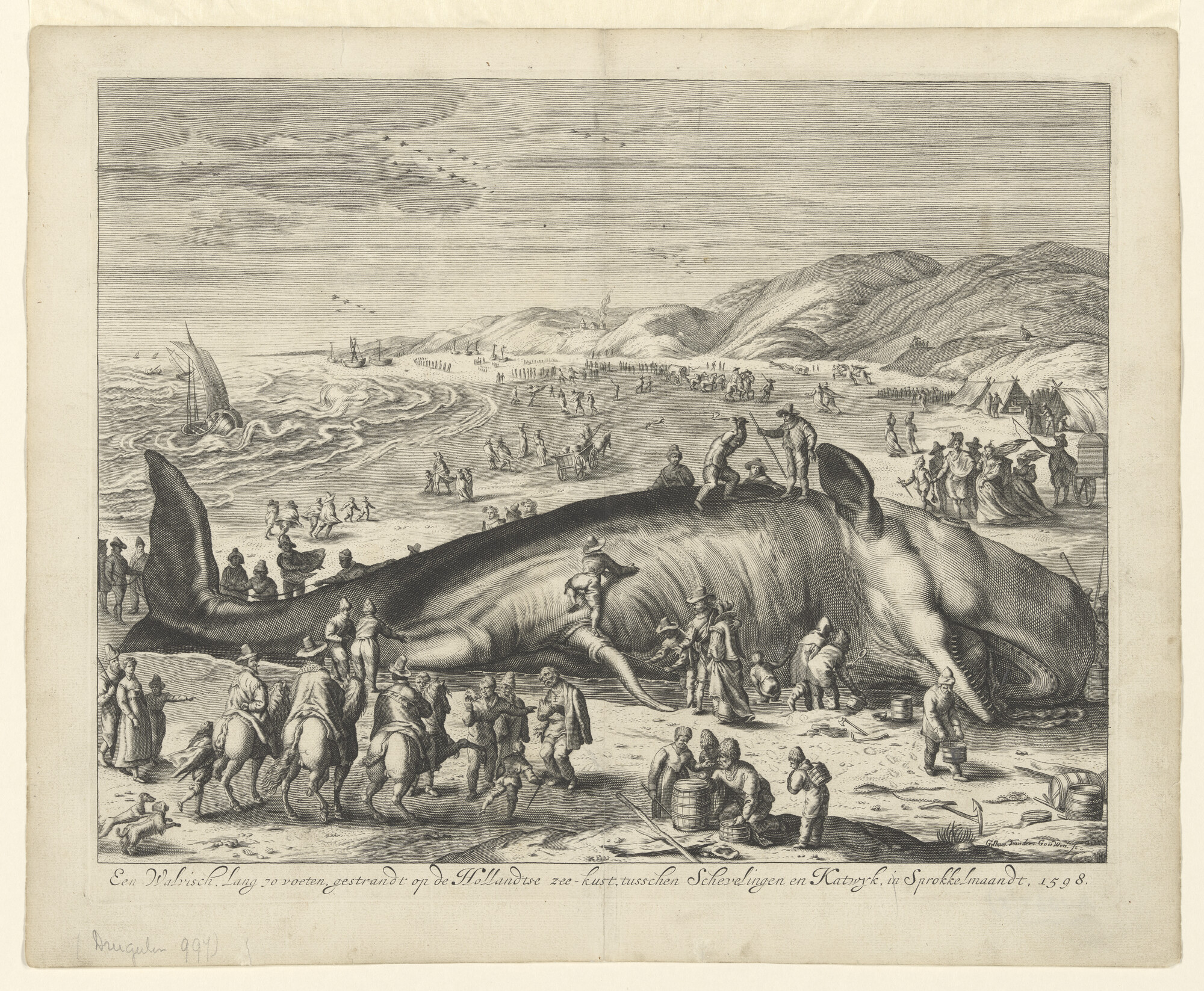 A.1367(05)27; Walvis op het strand tussen Scheveningen en Katwijk, 1598; prent