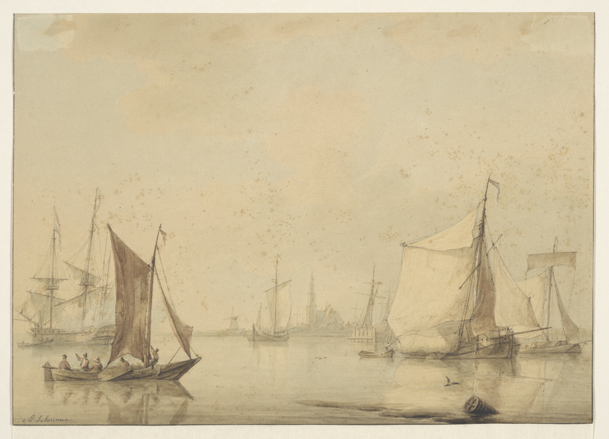 A.1665; De rede van Vlissingen met een tjalk en oorlogsschip; tekening