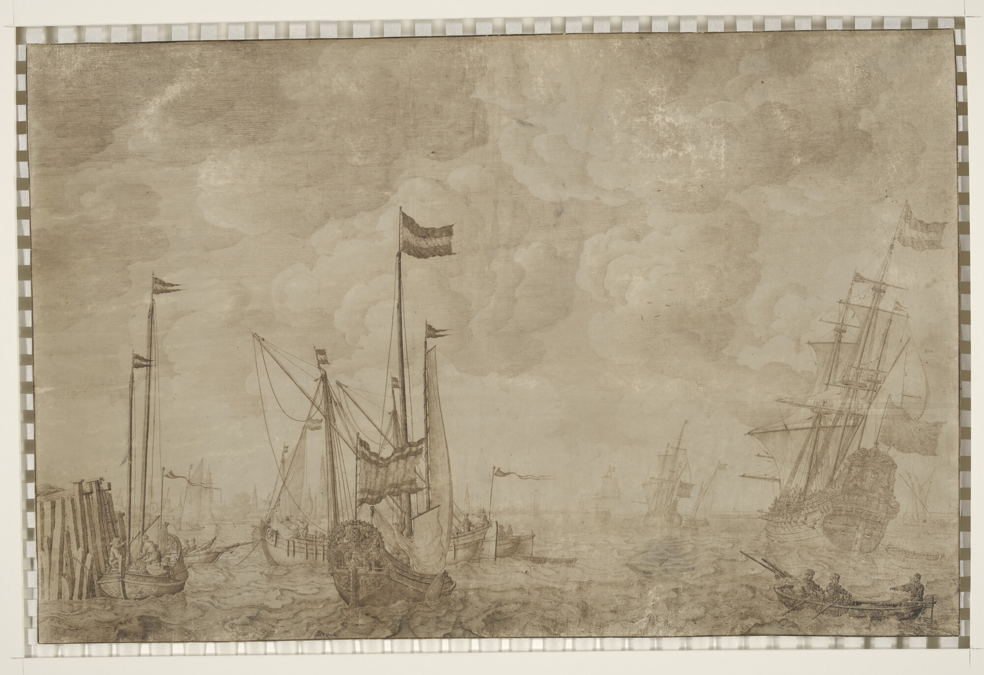 A.0085(02); Gezicht op de rede van Amsterdam met verscheidene schepen; tekening