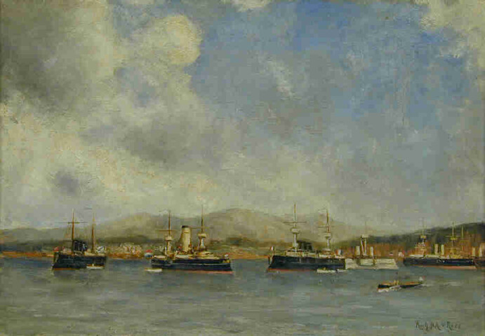 S.5680(03); Het pantserschip Hr.Ms. Evertsen op de rede van Lissabon; schilderij