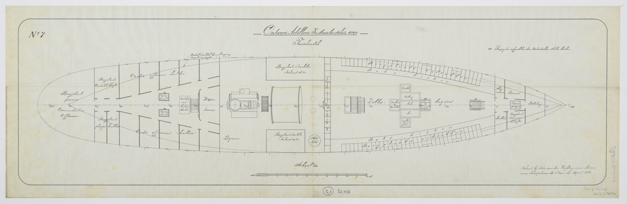 S.2175(4299); Tussendek van het ontwerp artillerie instructieschip 1890 Hr.Ms. 'Bellona'; technische tekening