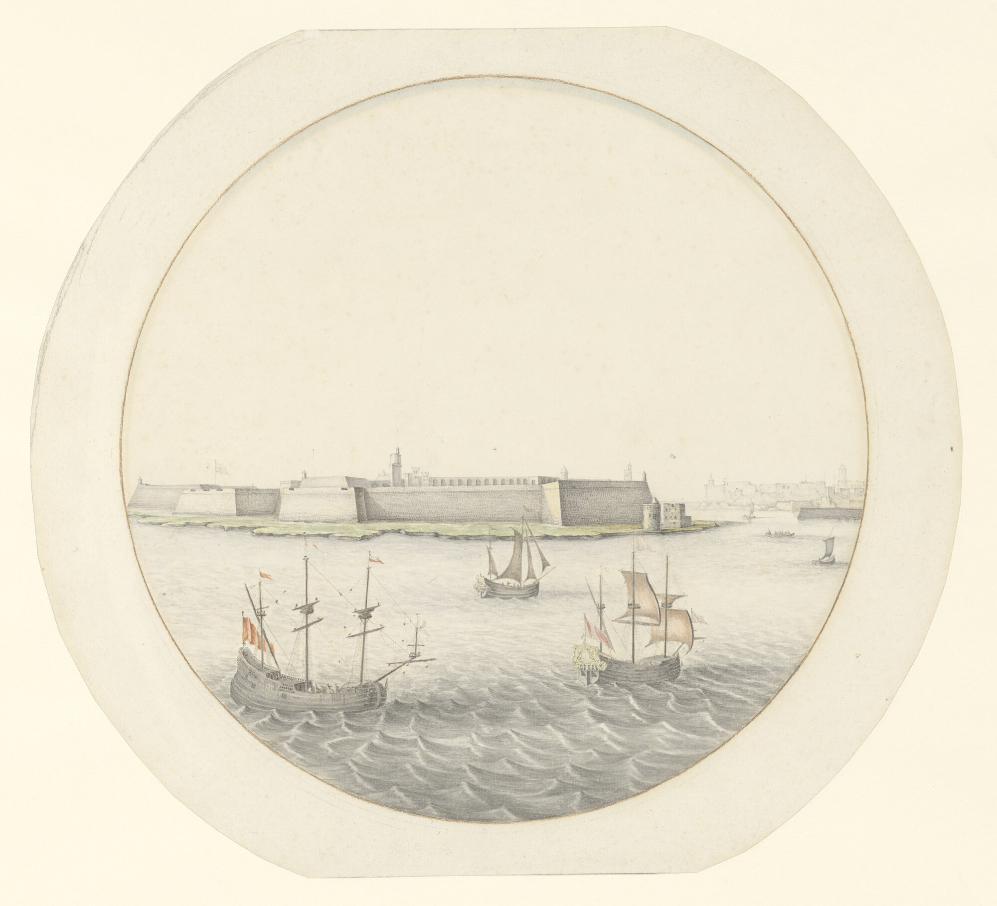 A.0145(187); Een fluitschip en andere schepen op een rede; tekening