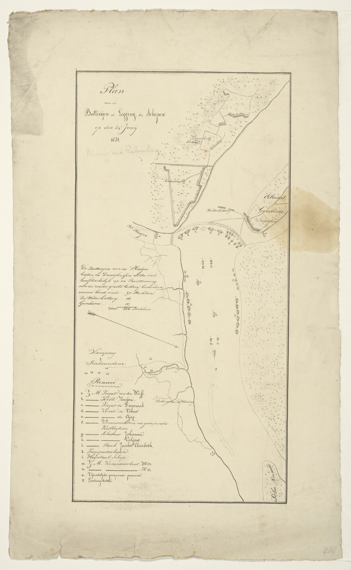 A.1802 [nr 0003]; Het plan van de batterijen en ligging der schepen op 21 juni 1824; prent