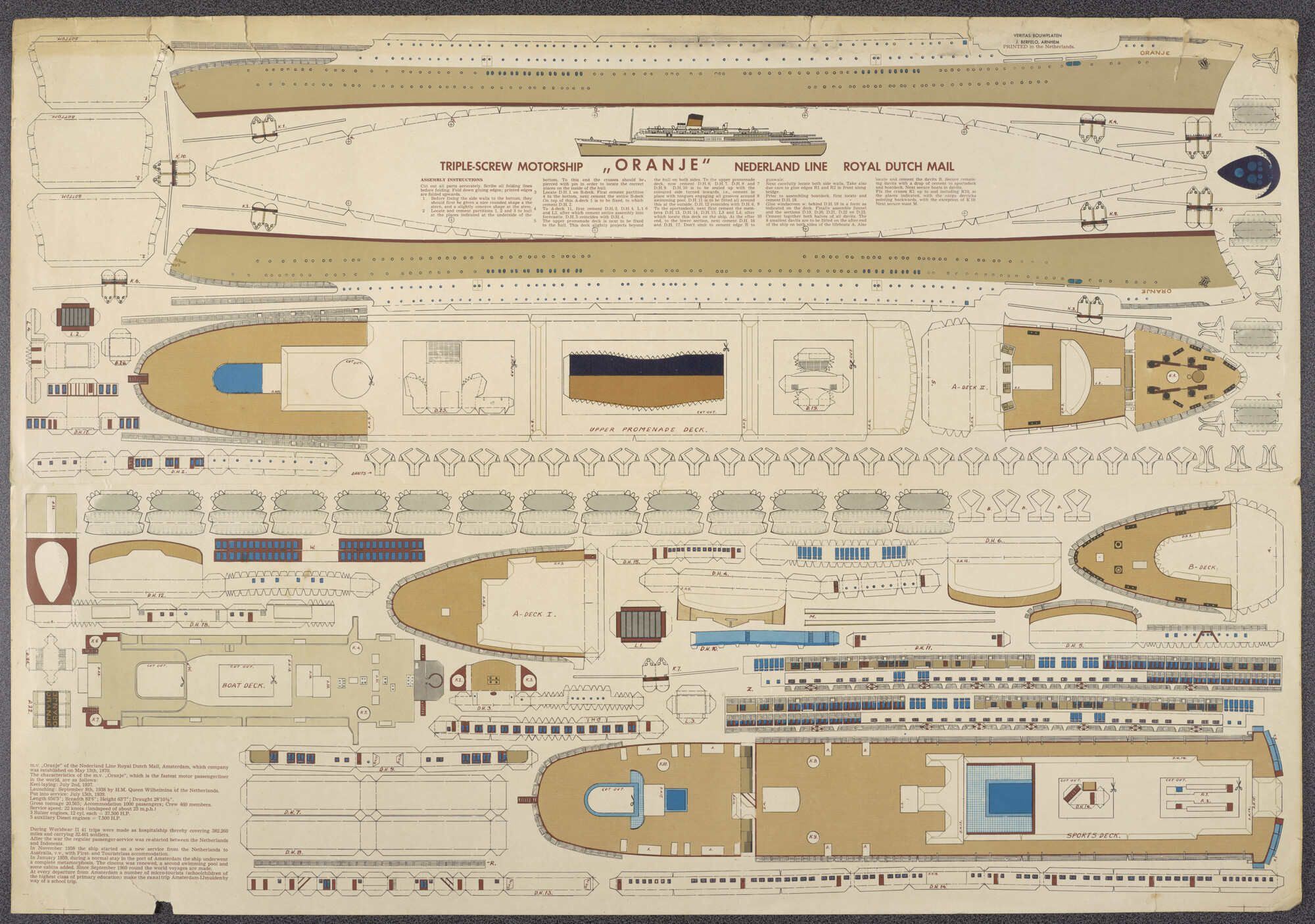 1995.1207; Bouwplaat voor een papieren model van het ms. Oranje; bouwplaat