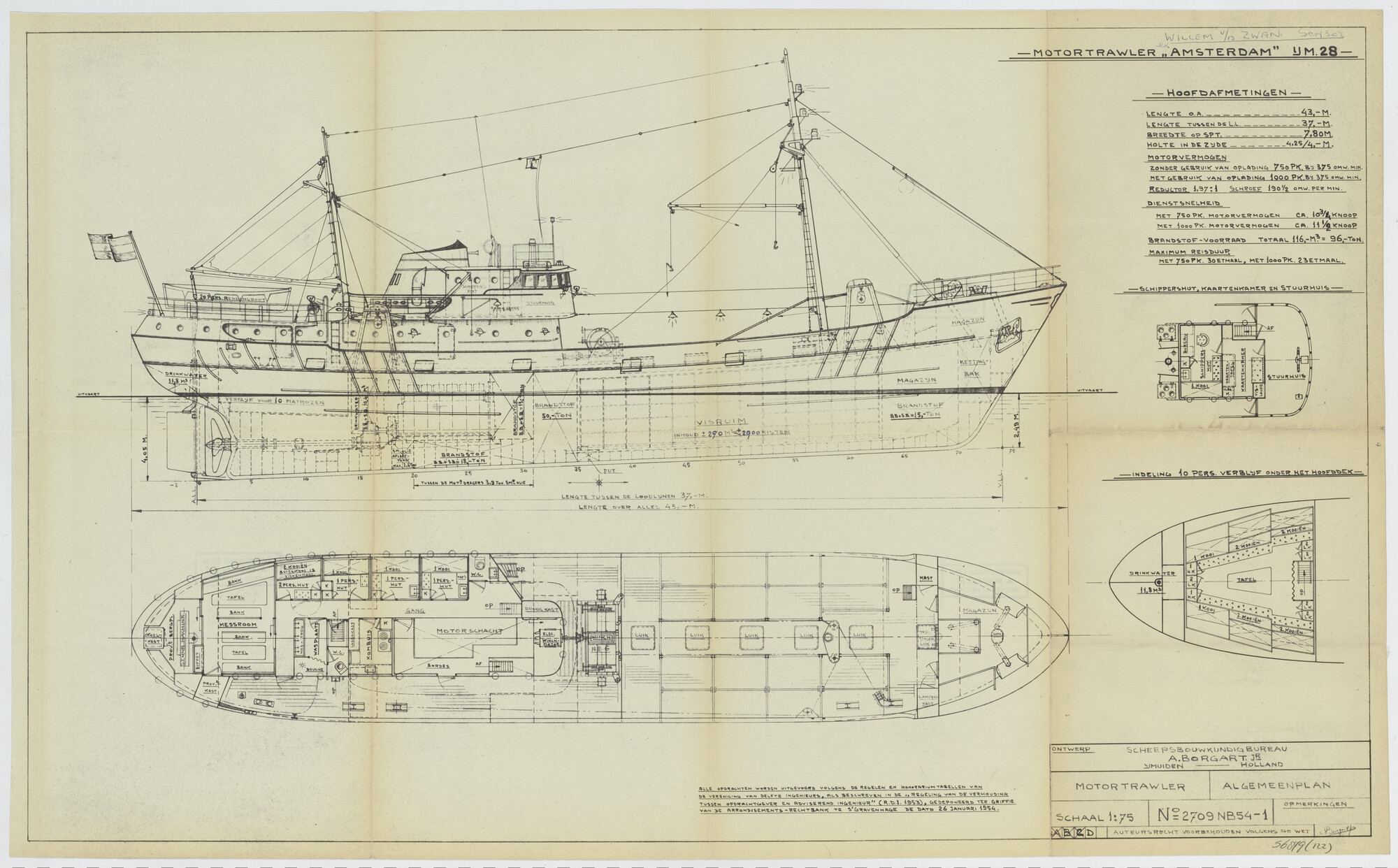 S.6879(122); Algemeen plan van de motortrawlers Amsterdam en Willem van der Zwan (IJM [...]; technische tekening