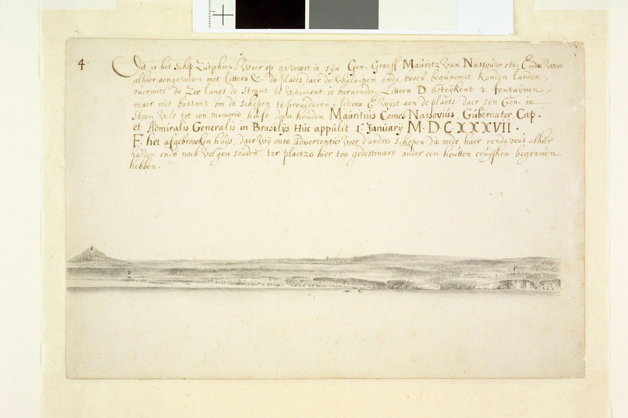 A.3490(03); Deel van een landverkenning van het eiland Maio, één der Kaapverdische Eilanden, vervaardigd tijdens de reis van Johan Maurits van Nassau naar Brazilië; tekening