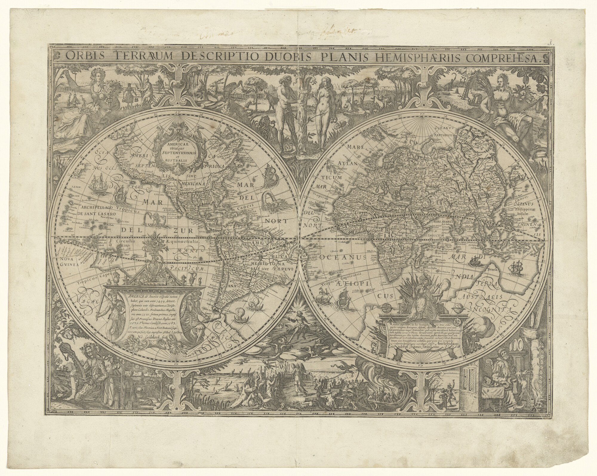A.3143(02); Wereldkaart in twee halfronden van Nicolaas van Geelkerken, tweede staat, oorspronkelijke uitgave 1617; wereldkaart