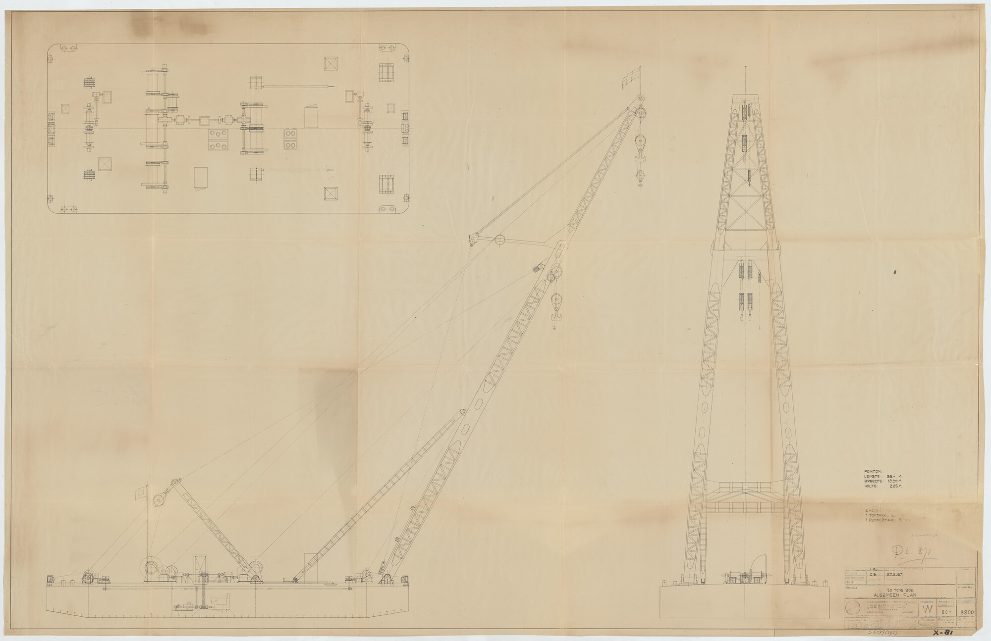 S.6879(395); Algemeen plan voor een drijvende bok van 50 ton; technische tekening