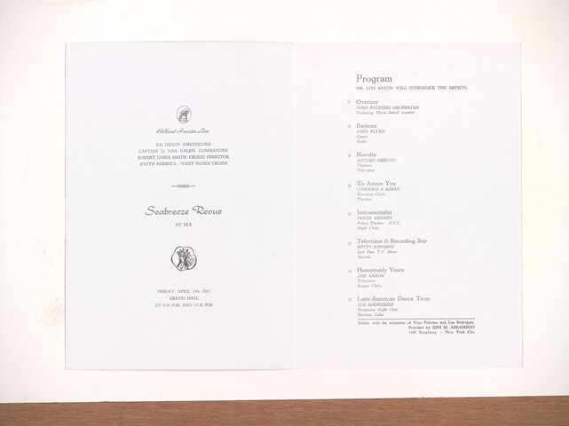 1991.0824; Programmaboekje voor de Seabreeze Revue aan boord van het ss. 'Nieuw Amsterdam' op vrijdag 14 april 1961; programma