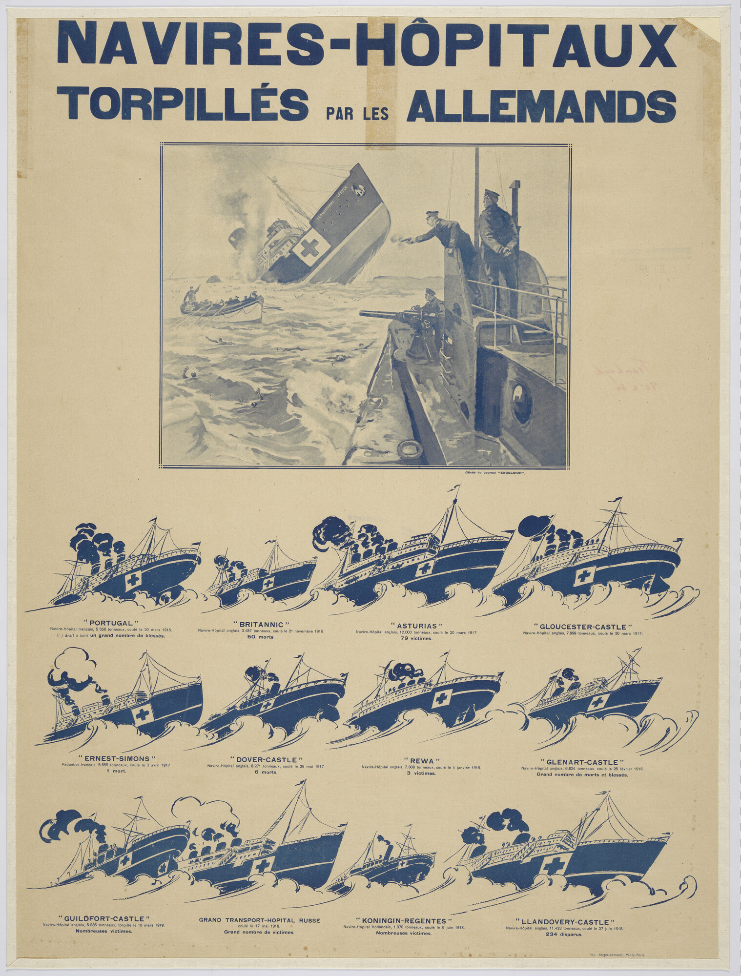 S.6762(19); Een overzicht van de hospitaalschepen die getorpedeerd zijn door de Duitse marine tijdens de Eerste Wereldoorlog [...]; affiche