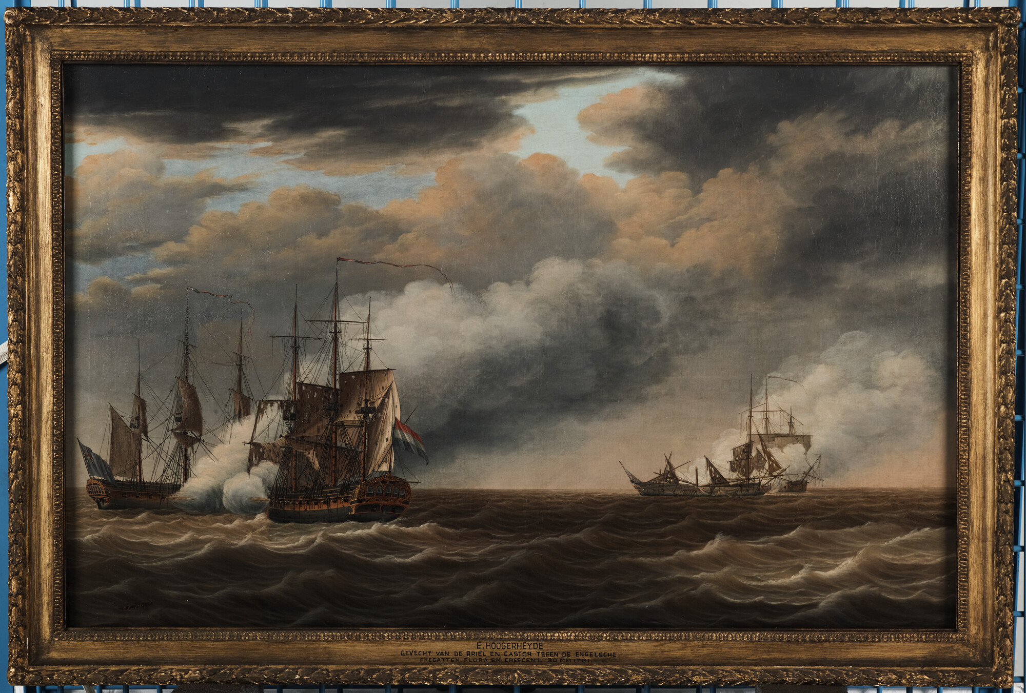 A.0477(01)c; Het zeegevecht bij Cadiz tussen de Nederlandse fregatten Castor en Briel en de Engelse fregatten Crescent en Flora; schilderij